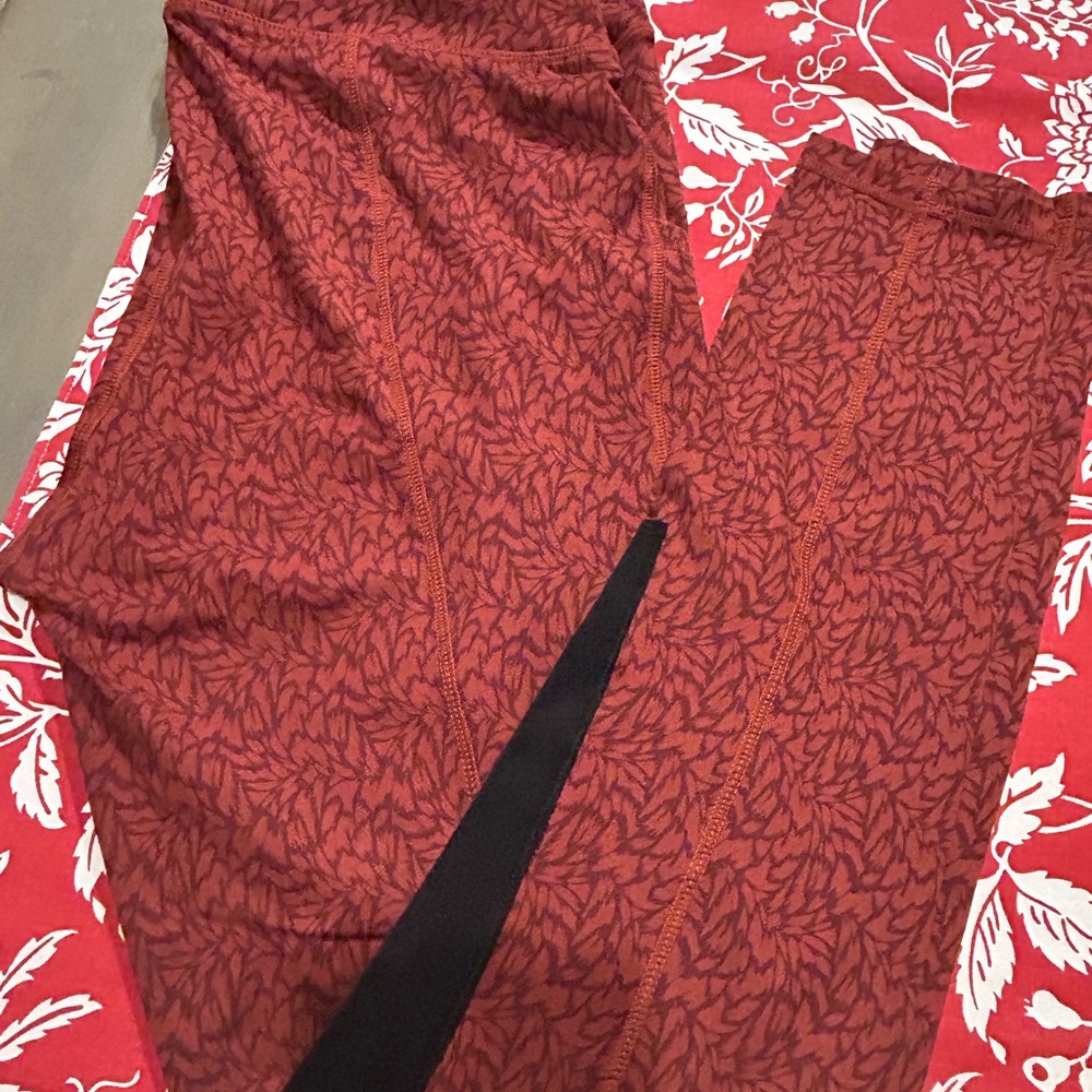 Rust Red Leaf-Print Leggings with Black Inset Kerrits Riding Breeches